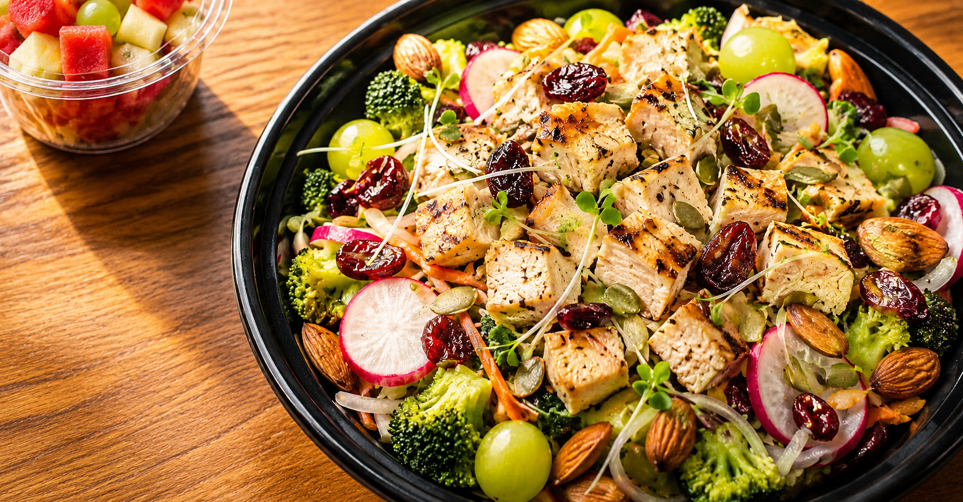 Fresh grilled chicken salad bowl on a wooden counter